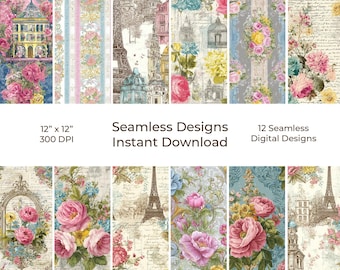 French Shabby Chic Printable Junk Journal Papers, Vintage Seamless Digital Download 115