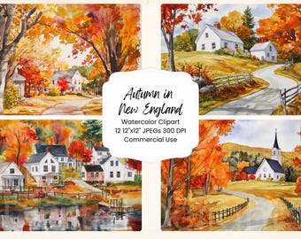 May include: Four watercolor paintings depicting autumn scenes in New England. Each painting features a quaint village with houses, trees, and roads. The paintings are titled "Autumn in New England" and include the text "Watercolor Clipart, 12 12"x12" JPEGS 300 DPI, Commercial Use."