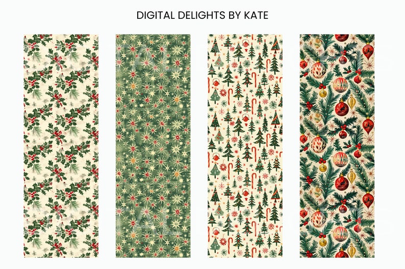 Vintage Christmas seamless pattern printable art for living room — red and green holiday designs with poinsettias and ornaments