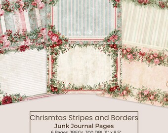 Vintage Striped Christmas Junk Journal Kit, Printable Shabby Chic Pages (Digital Download) 105