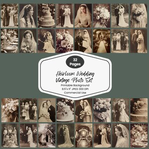 May include: A collection of vintage wedding photographs in sepia tones. The images feature brides, grooms, wedding cakes, and floral arrangements. The text on the image reads "Heirloom Wedding Vintage Photo Set" and "32 Pages".
