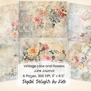 Vintage Lace & Floral Junk Journal Pages: Printable Ephemera (Digital Download)