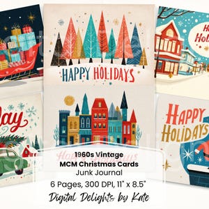 May include: A collection of vintage-style Christmas cards with festive illustrations. The cards feature images of a sleigh with gifts, a green car with a Christmas tree, and Santa Claus with a reindeer. Text includes "Happy Holidays" and "Holiday Cheer".
