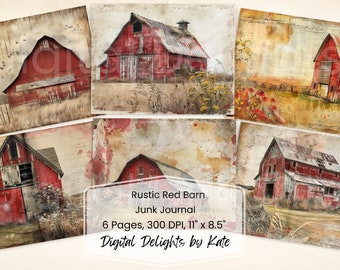 May include: Six digital pages featuring red barns in various settings. The pages are designed for use in a junk journal and measure 11 inches by 8.5 inches. The pages are 300 DPI.