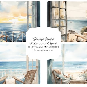 Meer entkommen Urlaub Aquarell Digitales Papier Bundle 12 PNG JPG Dateien Aquarell Strand Meer Landschaft Journal Handwerk Scrapbooking Texture