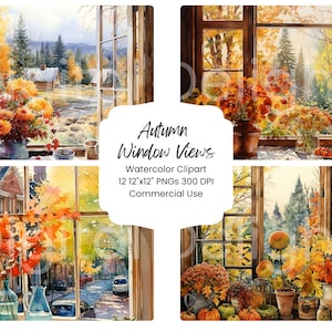 Autumn Window Watercolor Clipart: Fall Foliage PNG Bundle (Digital Download)