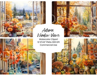 Autumn Window Watercolor Clipart: Fall Foliage PNG Bundle (Digital Download)