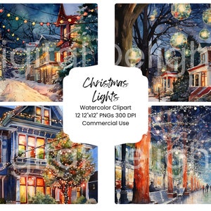 Christmas Lights Watercolor Clipart: Holiday Town PNG Bundle (Digital Download)