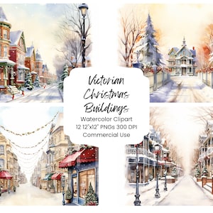 Victorian Christmas Buildings Clipart: Watercolor Holiday PNG (Digital Download)