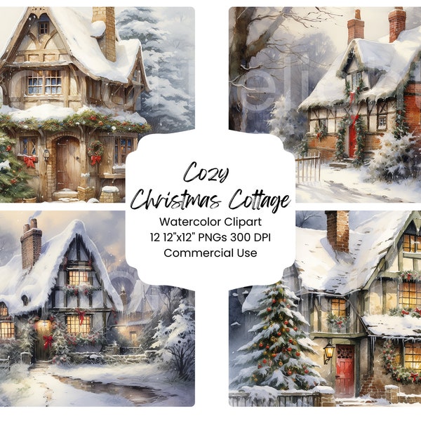 Cozy Christmas Cottage Clipart Watercolor Digital Paper Bundle 12 PNG English Snow Journal Pages Craft Scrapbook Background Holiday Country