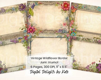 Zestaw do dziennika „Vintage Wildflower Junk Journal”, strony z kwiatowymi obramowaniami do druku (do pobrania w wersji cyfrowej)