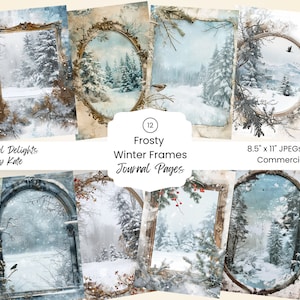Frosty Winter Woodland Frames Junk Journal Digitaal Papier Kerst Wonderland Scènes Besneeuwde Bos Afdrukbare Pagina's Scrapbooking Kaarten Maken