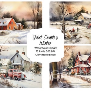 Aquarell Land Winter Clipart: Urlaub Scheune Szene (12 PNG Digital Papier Bündel)