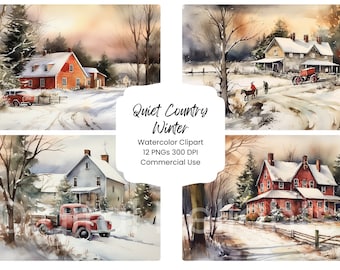 Country Winter Scene Clipart Watercolor Digital Paper Bundle 12 PNG Holiday Christmas Journal Page Craft Scrapbooking Background Barn Snow