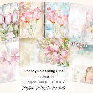 Pages de journal indésirable shabby chic printanier – 6 arrière-plans floraux imprimables, éphémères vintage, 11 x 8,5 pouces, kit de papier numérique, téléchargement immédiat