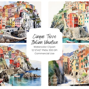Pacchetto di carta digitale acquerello delle Cinque Terre vacanze italiane 12 file PNG JPG Acquerello Italia Paesaggio Digital Craft Scrapbooking Texture