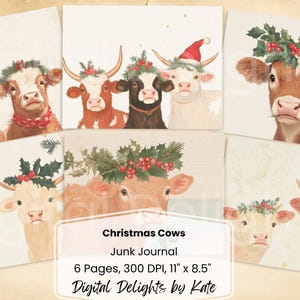 Christmas Cow Junk Journal: aquarel Highland Farm (bundel digitaal papier)