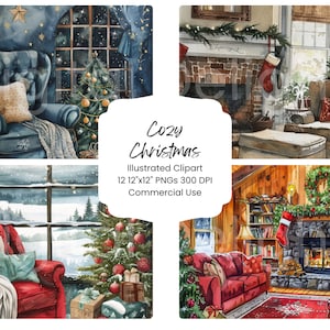 Przytulny pokój bożonarodzeniowy Clipart Akwarela Cyfrowy Papier Pakiet 12 JPEG Strony Dziennika Świątecznego Rzemiosło Scrapbooking Tworzenie Kart Tło DIY