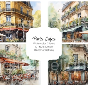 Paris Cafe Watercolor Clipart: French Scenery Digital Paper (12 PNG)