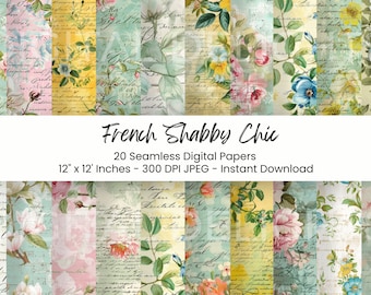 French Shabby Chic Floral Digital Paper: Seamless Scrapbook Patterns (JPG Digital Download)