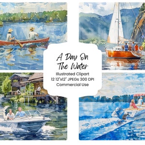 Tag Auf dem Wasser Sommer Urlaub Aquarell Digitales Papier Bundle 12 JPG Aquarell Junk Journal Landschaft DIY Handwerk Scrapbook Printable Papier