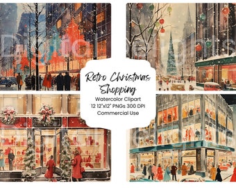 May include: Four watercolor illustrations of a snowy city street scene with Christmas decorations and shoppers. The illustrations feature a storefront with a large window display, a street with a Christmas tree, and a street with a storefront and a car.