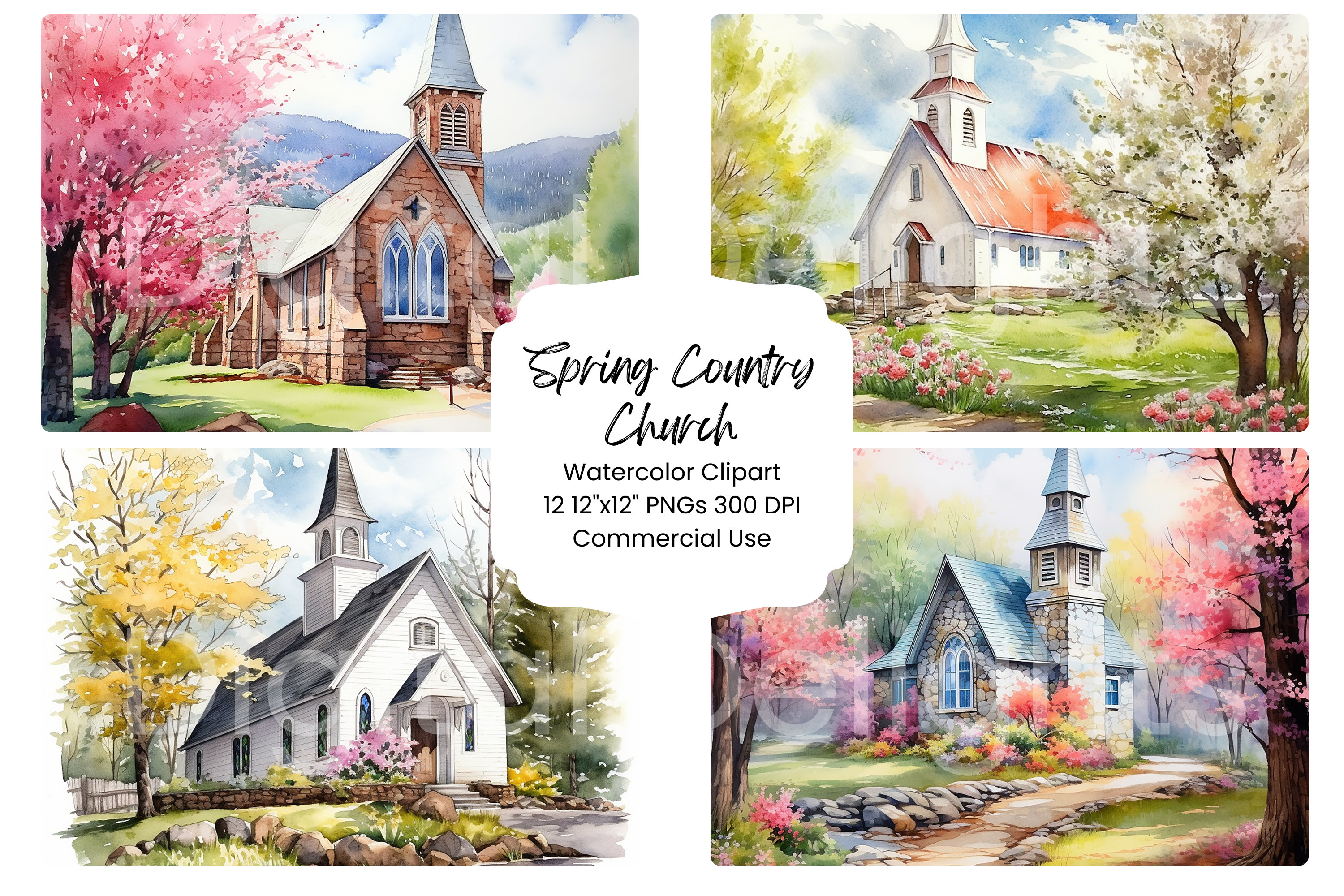 Spring Church Watercolor Clipart: Country Easter PNG Bundle (digital ...