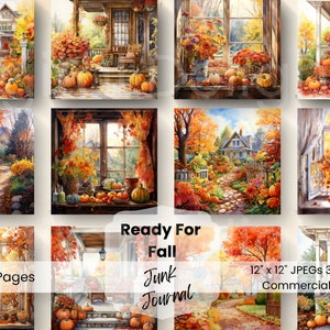 May include: A set of 12 watercolour images with autumnal themes. The images show houses, porches, and gardens decorated with pumpkins and fall foliage. Text on the image reads "Ready For Fall Junk Journal" and "12 x 12" JPEGs 300 DPI Commercial Use."