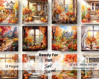 May include: A collection of 12 watercolor images with autumnal themes. The images depict houses, porches, and gardens decorated with pumpkins and fall foliage. Text on the image reads "Ready For Fall Junk Journal" and "12 x 12" JPEGs 300 DPI Commercial Use."