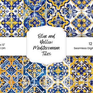 Azulejos Mediterrâneos Azuis e Amarelos Sem Costura Papel Digital JPG Capri Scrapbook Papéis Digitais Português Verão Italiano Junk Journal