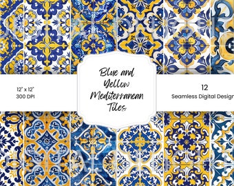 Mediterranean Tile Patterns, Blue Yellow Watercolor Printable Wall Art (Digital Download)