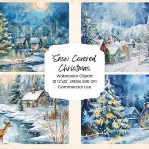 Nieve cubierta Navidad acuarela clipart paquete de papel digital 12 JPEG vacaciones Navidad diario páginas artesanía álbum de recortes fondo festivo