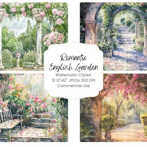 Romántico rosa inglés jardín acuarela 12 JPEG fondo basura diario tarjeta haciendo papel de álbum de recortes digital rosa efímera papel imprimible