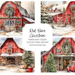 Land rote Scheune Weihnachtsbaum Clipart Aquarell digitales Papier Bundle 12 JPEG Urlaub Journal Seiten Handwerk Scrapbook Hintergrund Festlich
