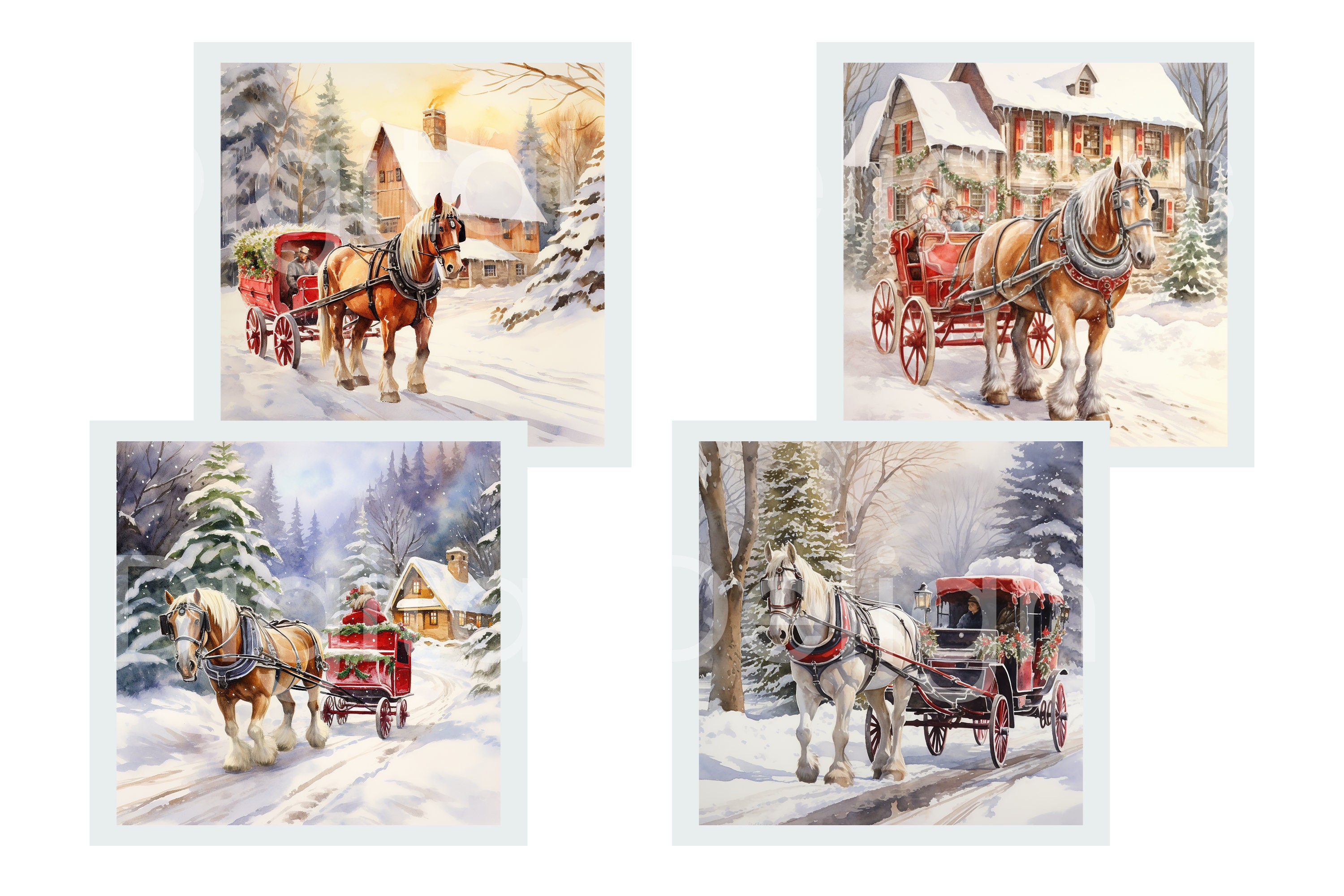 Christmas Horse and Carriage Watercolor Clipart: Holiday PNG Bundle - Etsy