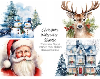 Christmas Watercolor Clipart Bundle, Set of 12 PNG Holiday Designs, Transparent Background Commercial Use Digital Download