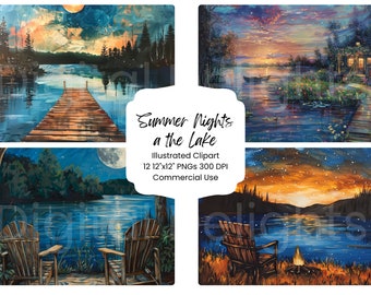 Summer Lake Nights Watercolor Clipart: Vacation Scenery (Digital Download)