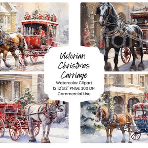 Carrozza di Natale vittoriano Clipart Acquerello Carta digitale Bundle 12 PNG Vacanze Diario Pagine Craft Scrapbooking Sfondo Inverno