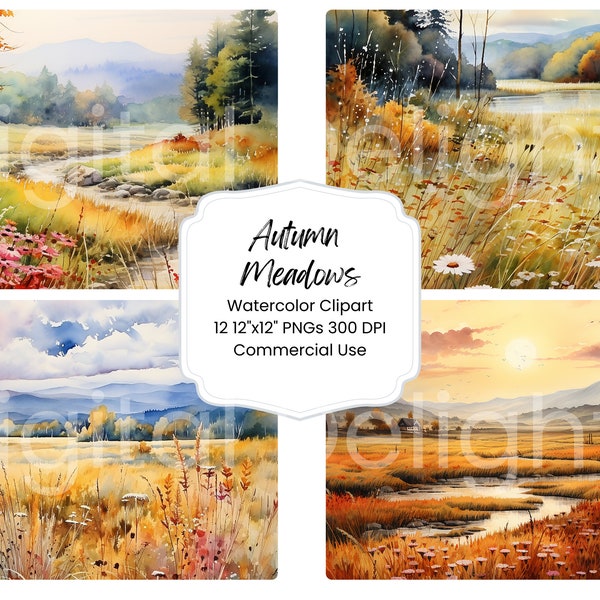 Autumn Meadows Digital Paper Bundle 12 PNG JPG Files Wild Flowers Watercolor Landscape Scenery Digital Craft Scrapbooking Texture