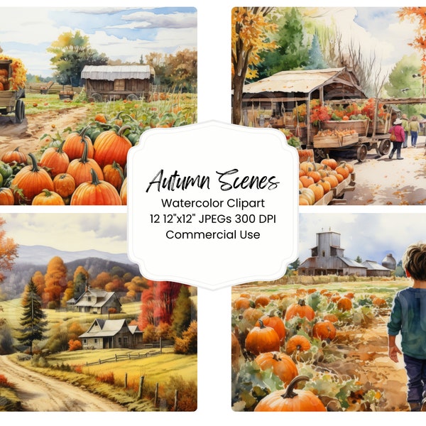 Autumn Scenes Digital Paper Bundle 12 JPEG Fall Foliage Watercolor Scenery Digital Craft Scrapbook Texture Journal Pumpkin Patch Halloween