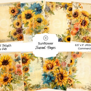 Sunflower Watercolor Junk Journal Digital Paper Yellow Floral 12 Digital Journal Pages Printable Ephemera Paper Craft Autumn Digital Paper