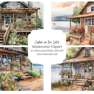 Cabin on the Lake aquarel digitale papierbundel 12 PNG JPG aquarel gezellige vakantie serene landschap Journal Craft Scrapbooking textuur