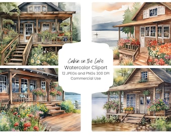 Cozy Lakeside Cabin Watercolor Clipart PNG, Cottagecore Scenery, Digital Download