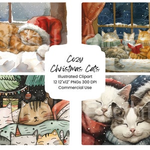 Cozy Cat Christmas Clipart Acquerello Carta digitale Bundle 12 pagine di diario JPEG Craft Scrapbook Background Festivo Holiday Card Making