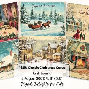 Puede incluir: Un conjunto de tarjetas navideñas vintage con diversas escenas invernales. Las tarjetas presentan un trineo tirado por caballos, árboles de Navidad decorados y saludos festivos. El texto "1920s Classic Christmas Cards" también es visible.