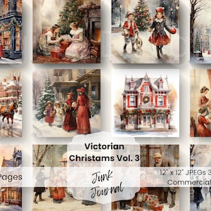 Paquete de papel digital de acuarela de Navidad victoriana 12 JPEG Holiday Junk Journal Kit Páginas Craft Scrapbooking Collage Fondo Nieve de invierno