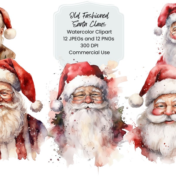 Santa Claus Clipart Watercolor Digital Paper Bundle 12 JPEG Holiday Christmas Page Craft Scrapbooking Texture Background Holiday Retro