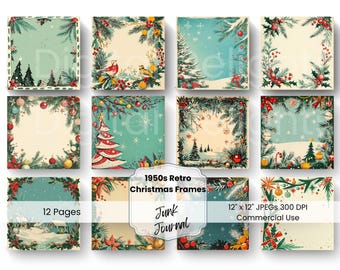 Peut inclure: Ensemble de 12 cadres de Noël vintage au style rétro. Chaque cadre carré présente des éléments festifs tels que des branches de conifères, des ornements et des scènes d'hiver. Les cadres ont une palette de couleurs turquoise et crème, pour junk journals.