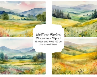 Wildflower Meadows Digital Paper Bundle 12 PNG JPG Files Hills Mountains Watercolor Landscape Scenery Digital Craft Scrapbooking Texture
