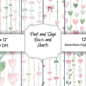 Roze en salie harten en strikken Naadloos digitaal papier, Valentijnsdag Scrapbookingbundel Kaarten maken, knutselen, projecten Naadloos digitaal